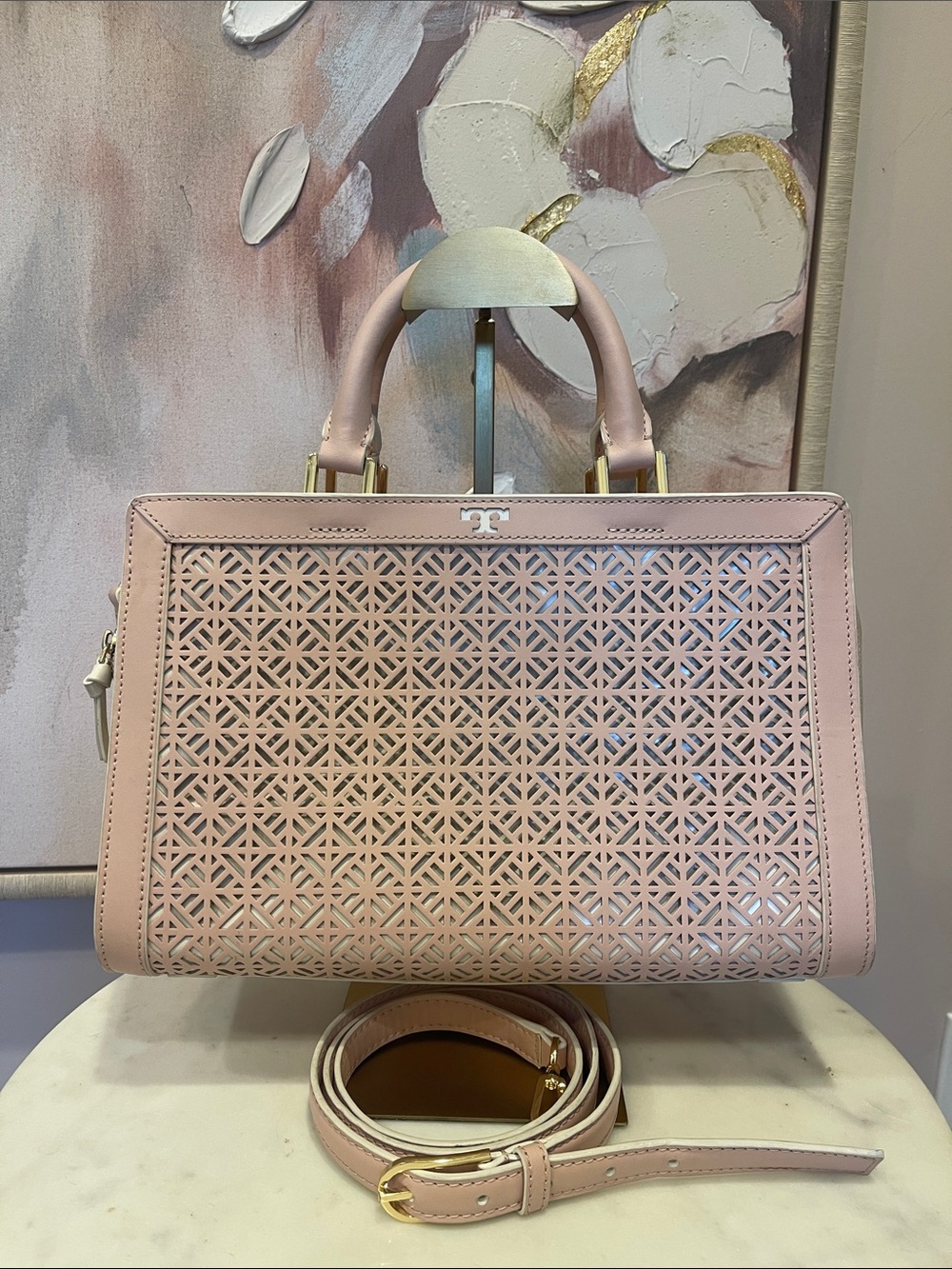 Tory Burch Fret-T Pink Leather Satchel with Crossbody